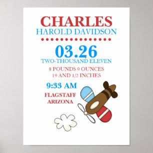 CASEY'S ABC Airplane Birth Announcement Wall Print