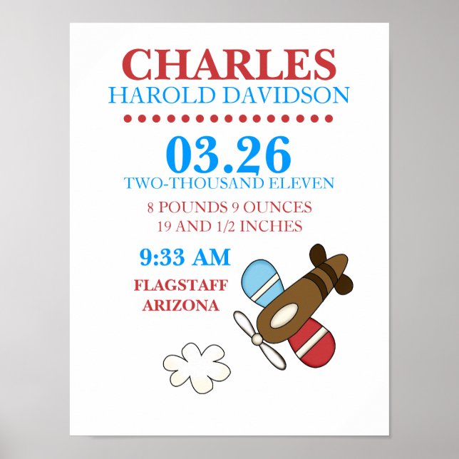 CASEY'S ABC Airplane Birth Announcement Wall Print (Front)