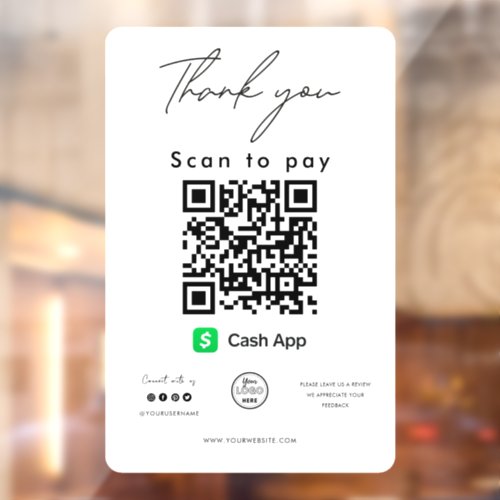 Cash App QR Code Logo Scan to Pay Thank you Window Cling