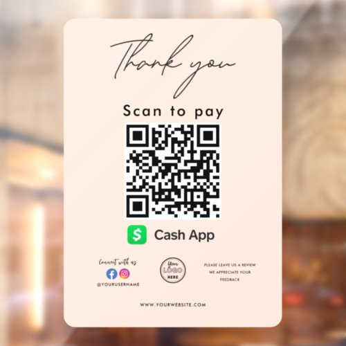 Cash App QR Code Logo Thank you Scan to Pay Window Cling