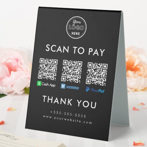 Cash App Venmo Paypal QR Code Scan to Pay Logo Table Tent Sign
