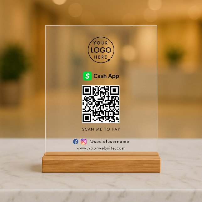 CashApp Acrylic Sign Contactless Payment Tabletop (Interactive "scan to pay” QR code cash wrap acrylic sign for collecting digital payment by CashApp.)