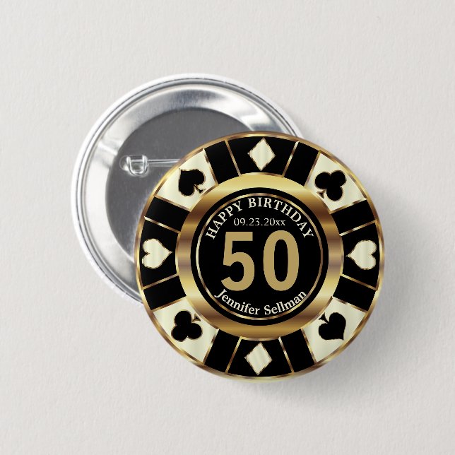 Casino 00th Birthday Party - Cream, Gold and Black Button (Front & Back)