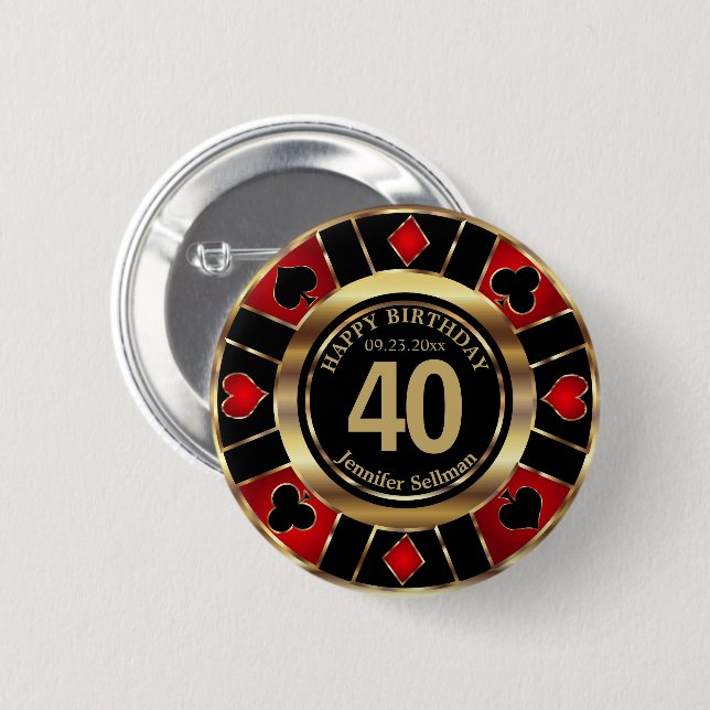 Casino 00th Birthday Party - Red and Black Button (Front & Back)