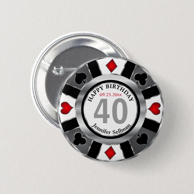 Casino 00th Birthday Party -Silver and Black Button (Front & Back)
