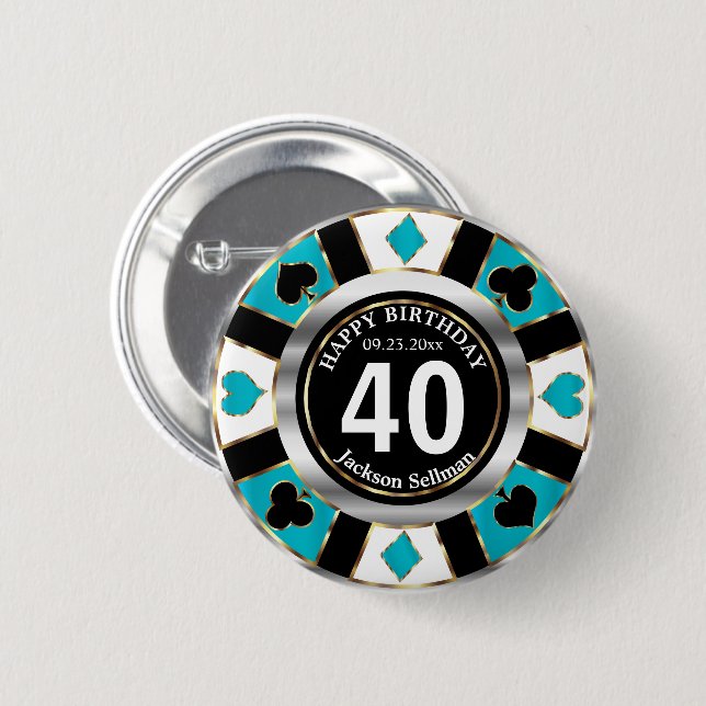 Casino 00th Birthday Party -Teal Button (Front & Back)