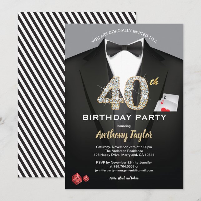 Casino 40th birthday invitation. Black and gold Invitation (Front/Back)