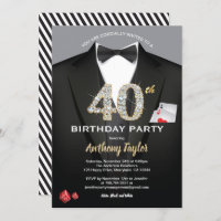 Casino 40th birthday invitation. Black and gold