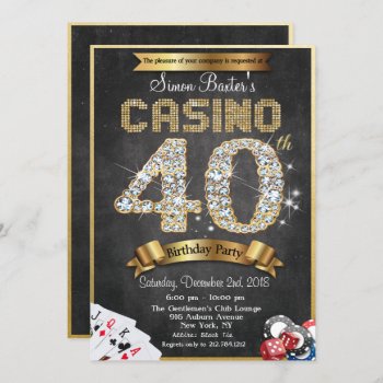 Casino 40th Gold Diamond Birthday Invitation by PaperandPomp at Zazzle