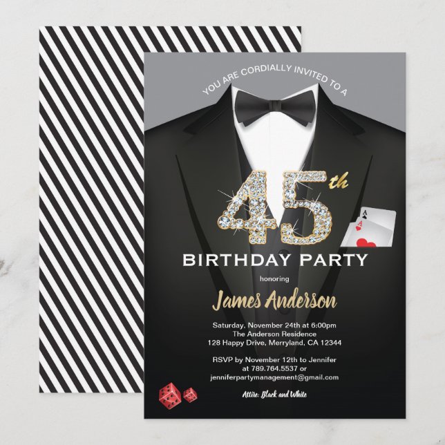 Casino 45th birthday invitation. Black and gold Invitation (Front/Back)