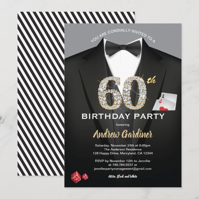 Casino 60th birthday invitation. Black and gold Invitation (Front/Back)