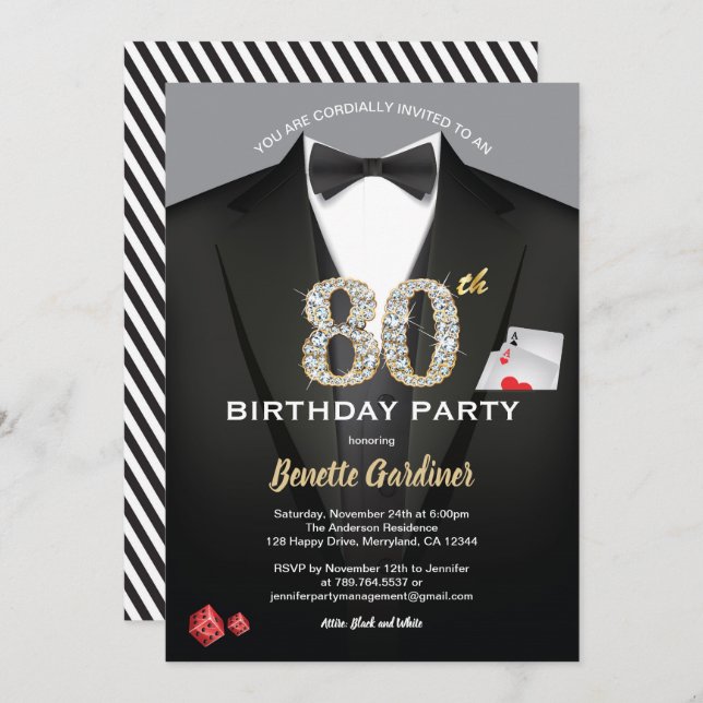 Casino 80th birthday invitation. Black and gold Invitation (Front/Back)