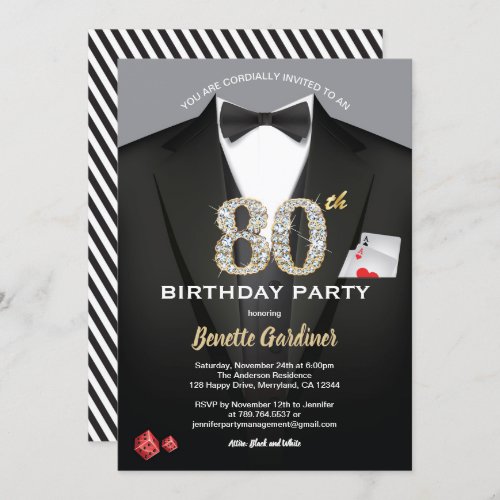 Casino 80th birthday invitation Black and gold Invitation