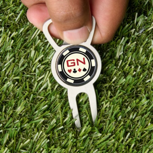Casino Black Off White Poker Chip With Initials Divot Tool
