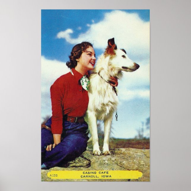 Casino Cafe Pretty Dog and Beautiful Girl Vintage Poster (Front)