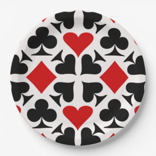 Casino Card Suits Black White Red Pattern Paper Plates