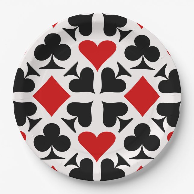 Casino Card Suits Black White Red Pattern Paper Plates (Front)