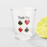 Casino Card Suits Wedding Favor Shot Glass<br><div class="desc">Casino Las Vegas themed wedding party favor shot glass,  with graphics of the four suits in a deck of cards.  Personalize the text to read what you want.</div>