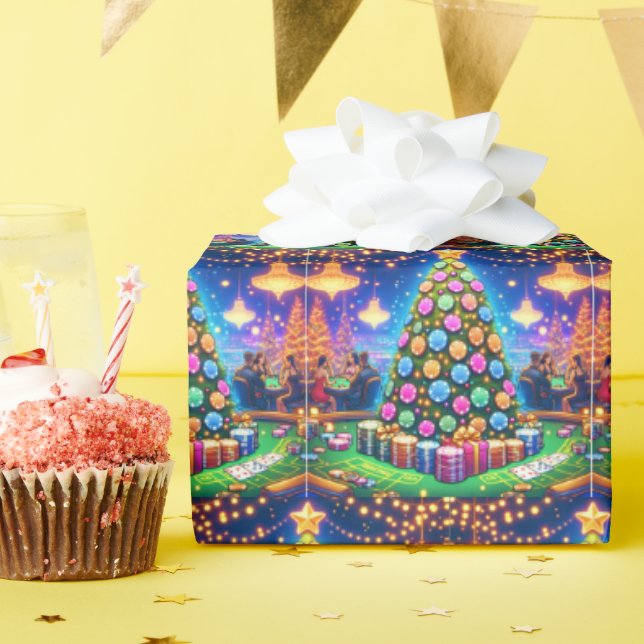 Casino Card Table And Poker Chip Christmas Tree Wrapping Paper (Birthday Party)