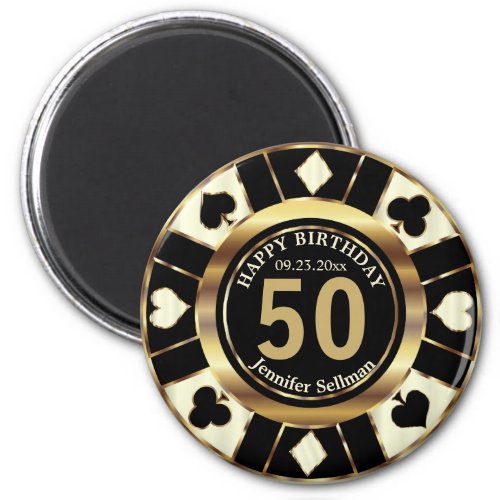 Casino Chip Las Vegas Birthday _ Cream and Gold Magnet