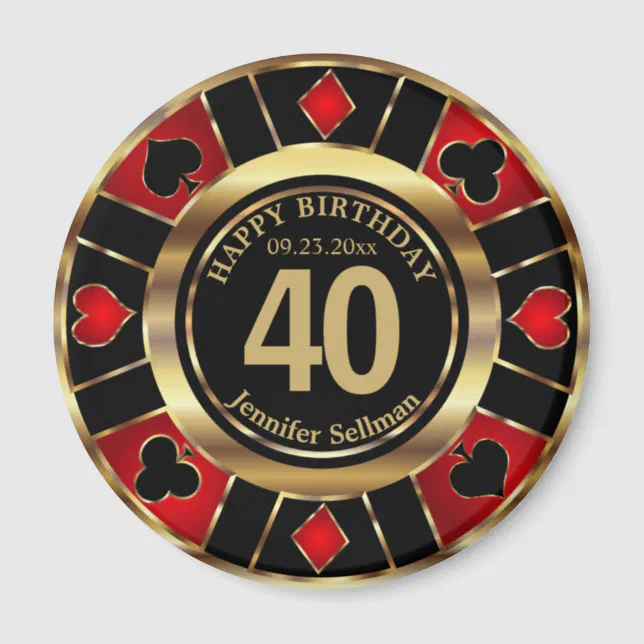 Casino Chip Las Vegas Birthday - Gold and Red Magnet | Zazzle