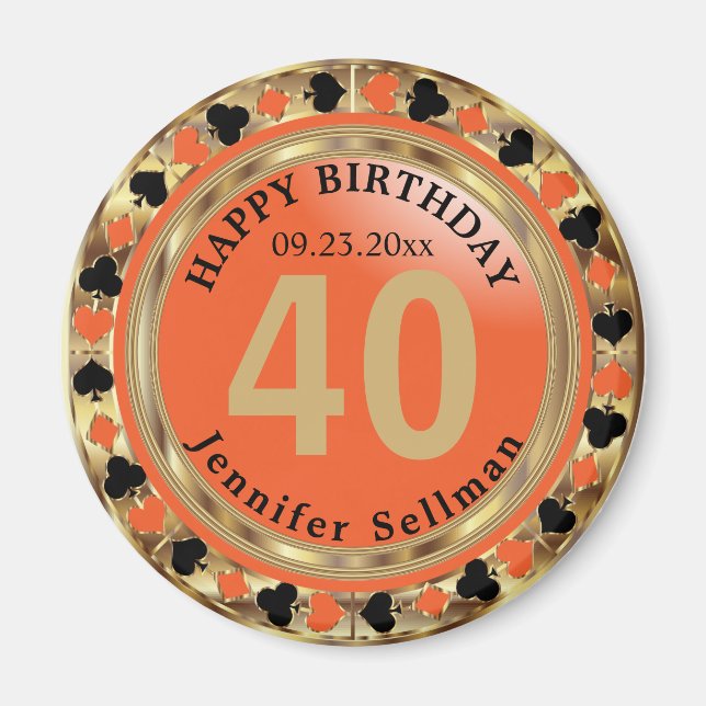 Casino Chip Las Vegas Birthday - Orange and Gold Magnet (Front)