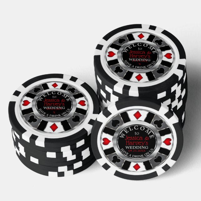 Casino Chip Wedding - Drink on Us - Silver & Red (Stack)