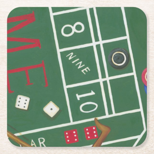 Casino Craps Table with Chips and Dice Square Paper Coaster (Front)