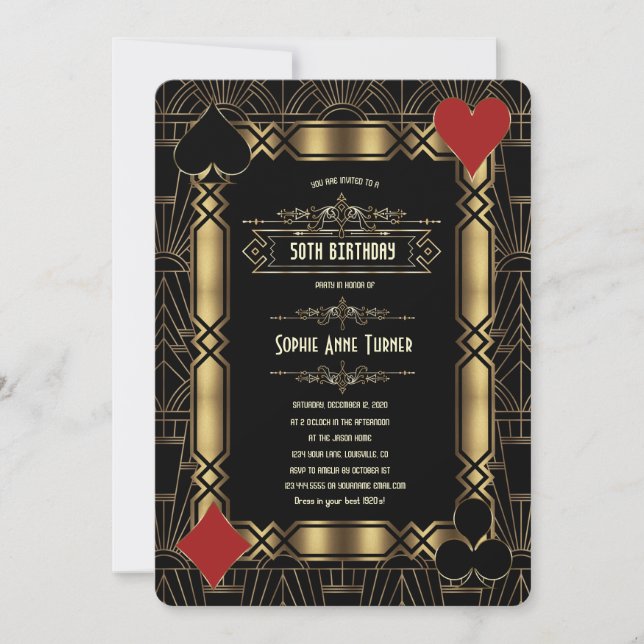 Casino Gold Art Deco Gatsby 20s Birthday Party Invitation (Front)