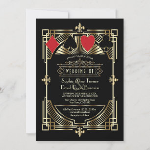 Casino Gold Black Art Deco Roaring 20s Wedding Invitation