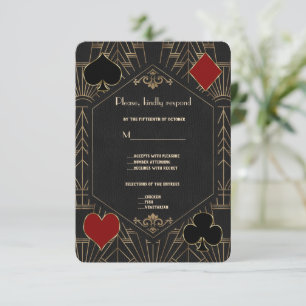 Casino Gold Black Gatsby 1920s Gambling Wedding RSVP Card