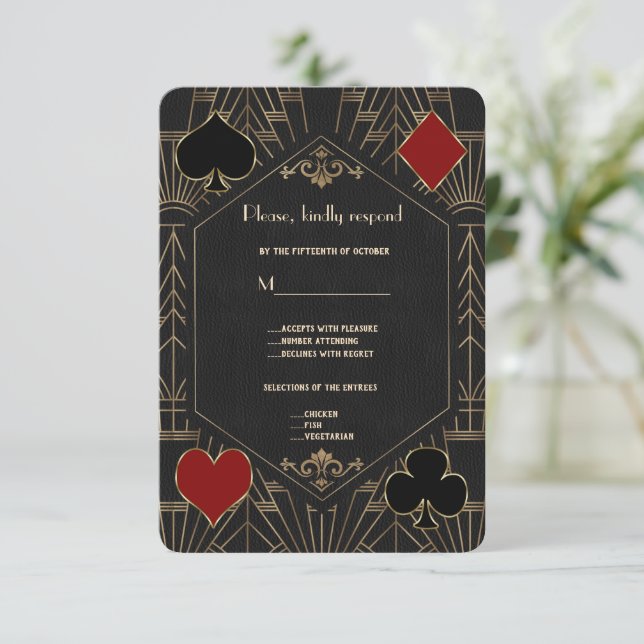Casino Gold Black Gatsby 1920s Gambling Wedding RSVP Card (Standing Front)