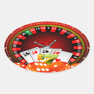 Casino illustration with roulette wheel and dices oval sticker