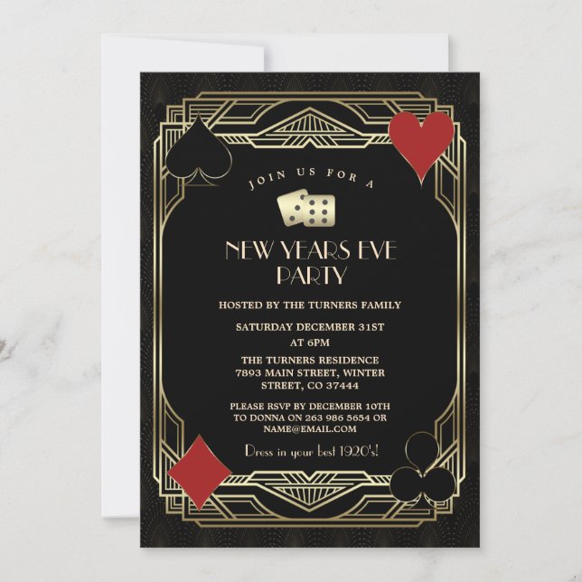 Casino Las Vegas Gold Great Gatsby New Years Eve Invitation (Front)