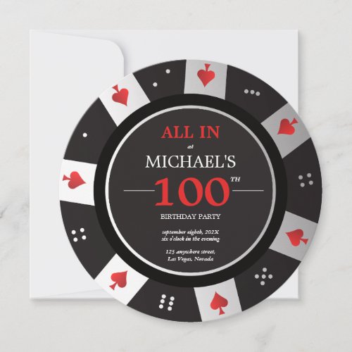 Casino Las Vegas Poker Chip 100th Birthday Invitation