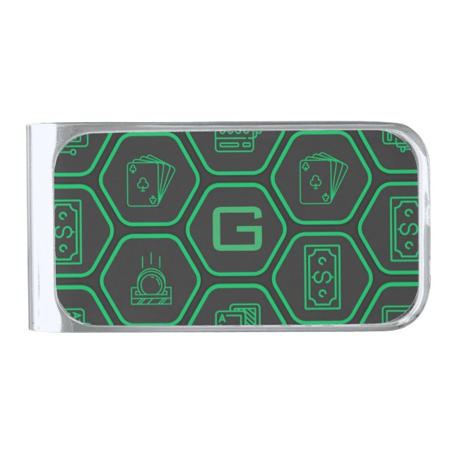 Casino Matrix Cool Monogram Silver Finish Money Clip (Front)