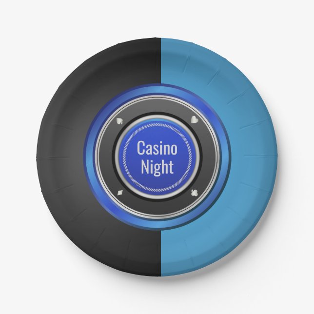 Casino Night Black and Blue Poker Chip Paper Plates (Front)