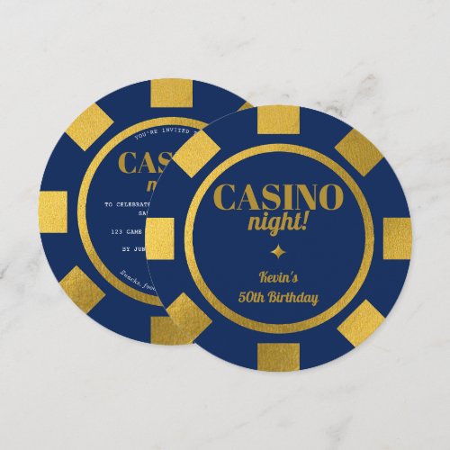 Casino Night Gold Blue Poker Chips 50th Birthday Invitation