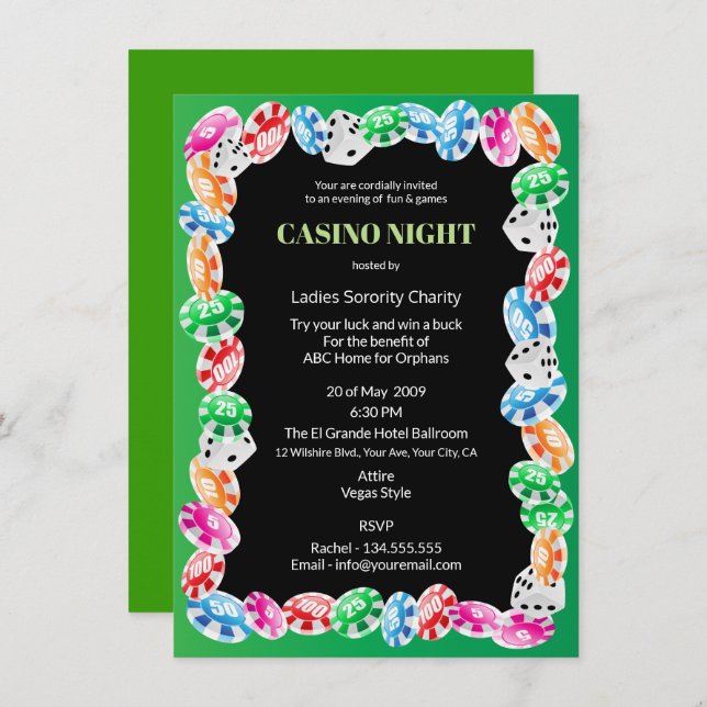 Casino Night Party Charity Benefit Invitation (Front/Back)