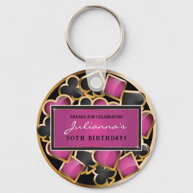 CASINO NIGHT PINK Birthday Party Gift Tag Keychain (Front)