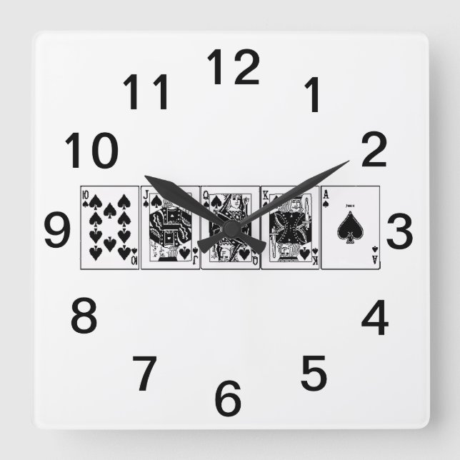 Casino Night Poker Royal Straight Flush Spades Square Wall Clock (Front)