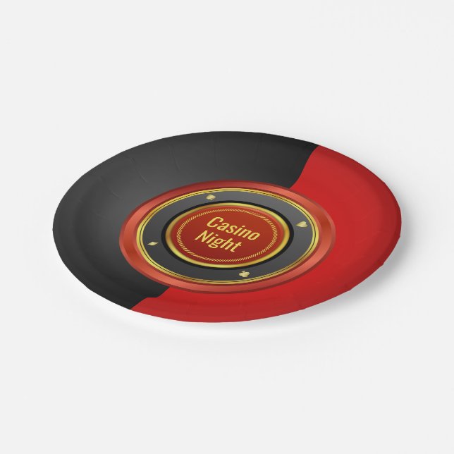 Casino Night Red and Black Poker Chip Paper Plates (Angled)
