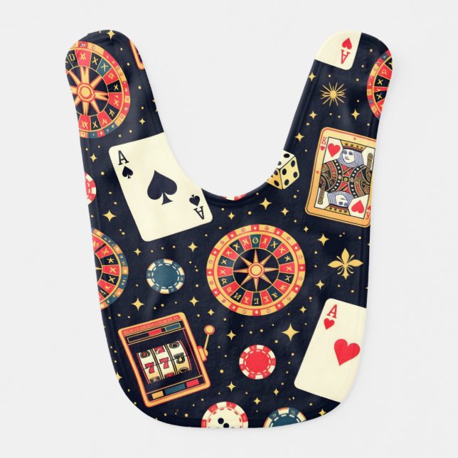 Casino pattern theme on black baby bib (Front)