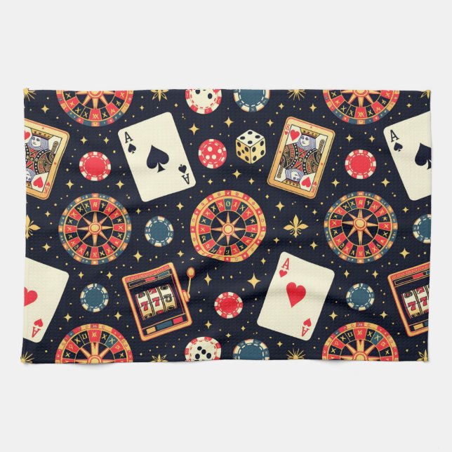 Casino pattern theme on black kitchen towel (Horizontal)