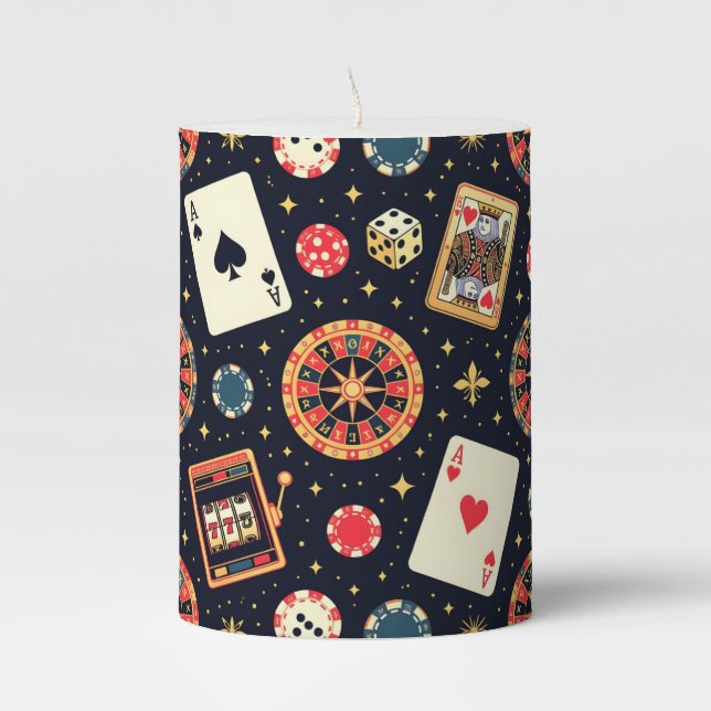 Casino pattern theme on black pillar candle (Front)