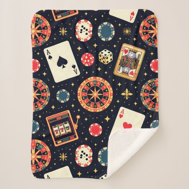 Casino pattern theme on black sherpa blanket (Front)