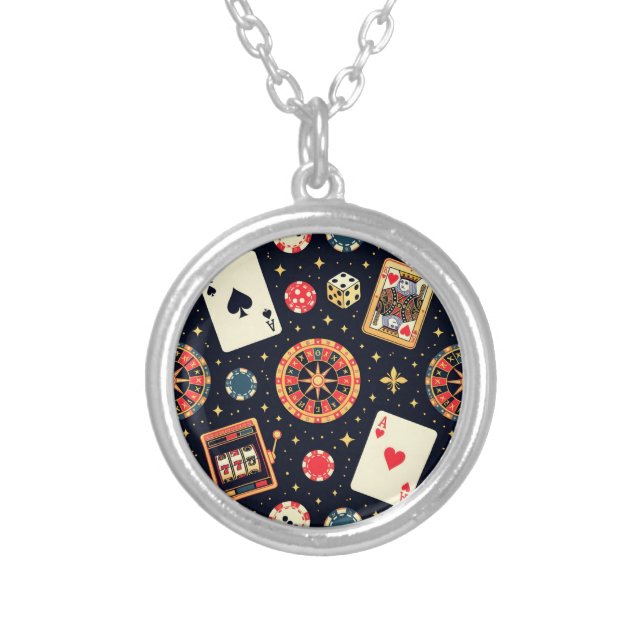 Casino pattern theme on black silver plated necklace (Front)