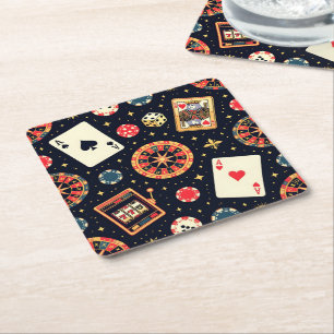 Casino pattern theme on black square paper coaster