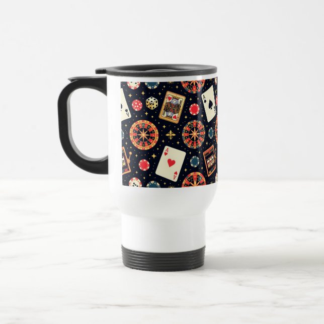 Casino pattern theme on black travel mug (Left)