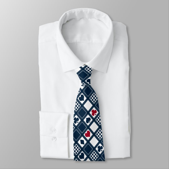Casino playing cards suits hearts crosses clubs  neck tie (Tied)
